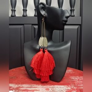Dangling Chain and Red Tassel Earrings